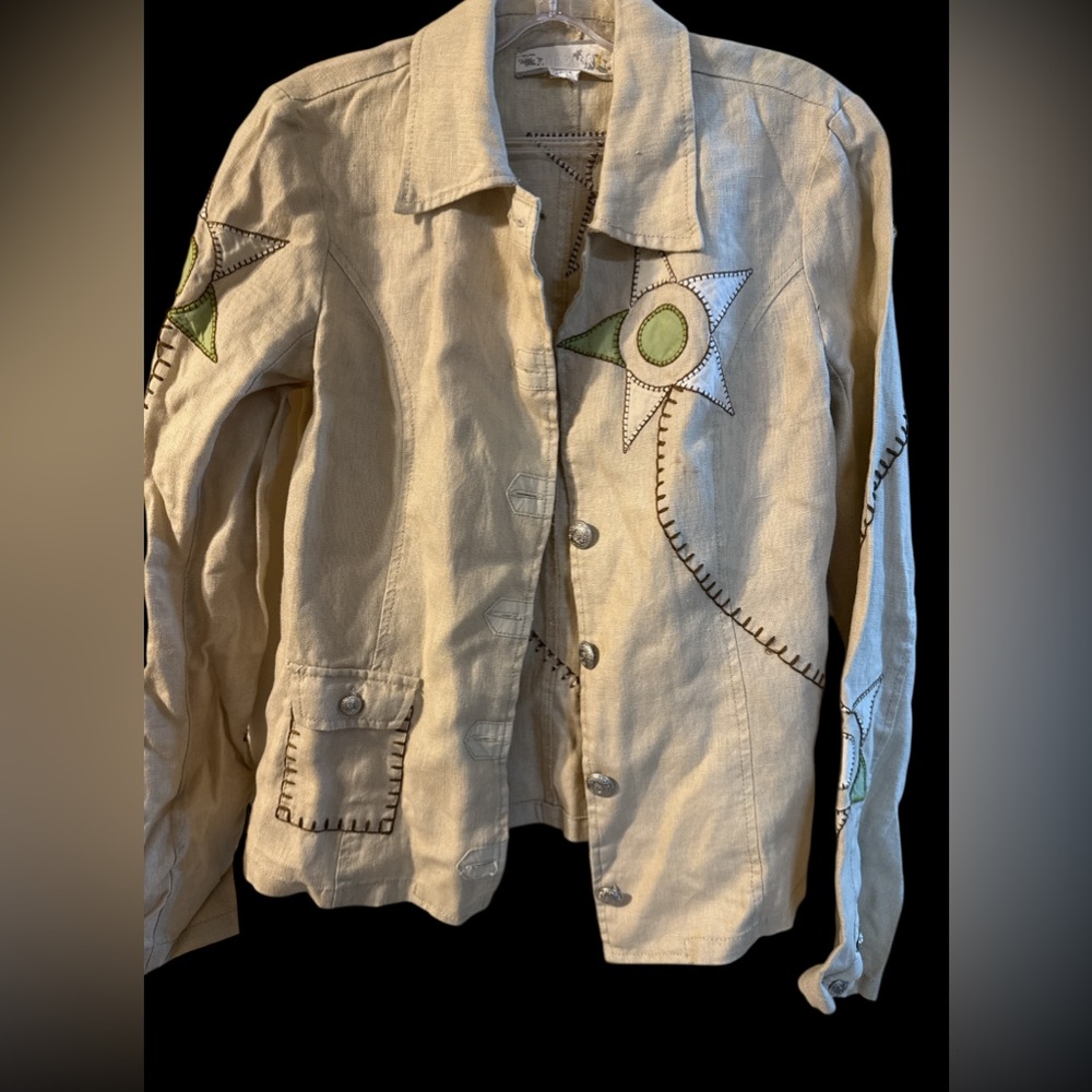 Embroidered Cream Jean Jacket with Green Details